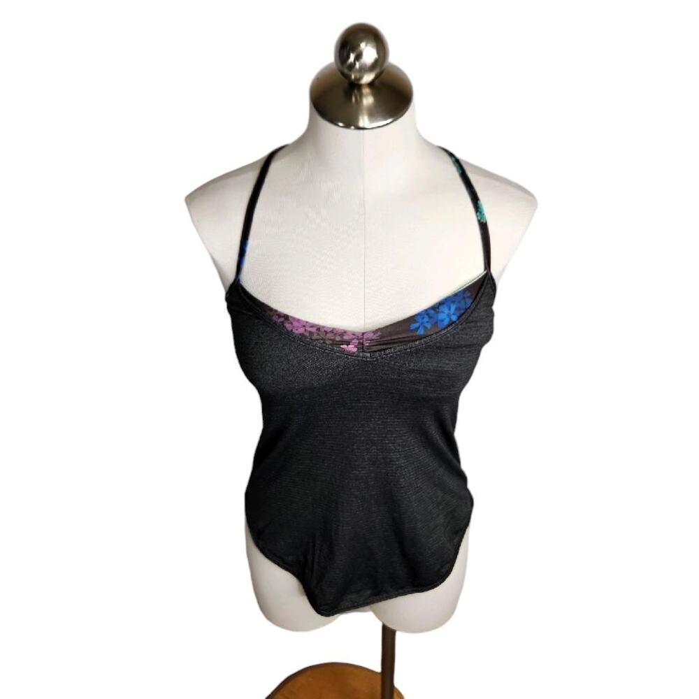 Lululemon Roll Out Tank Heathered Black Petal Pop Multi Black Women's Size 4‎